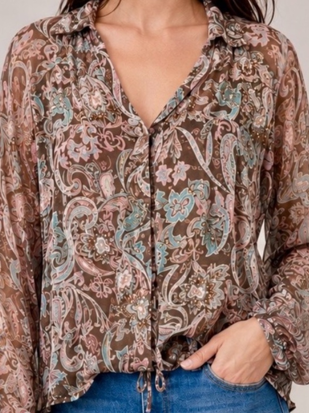 Vintage Fashion Bug Beaded Blouse w/ Sheer Sleeves